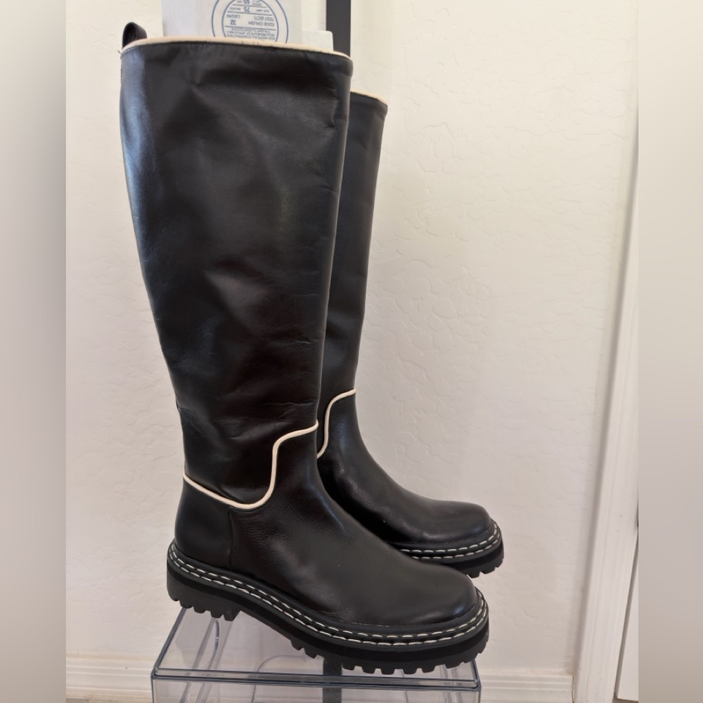 ANTONIO MELANI Black Over-the-Knee Leather Boots with Ivory Piping